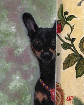 Jacquay in window dog oil pet portrait by artist Donna Aldrich-Fontaine